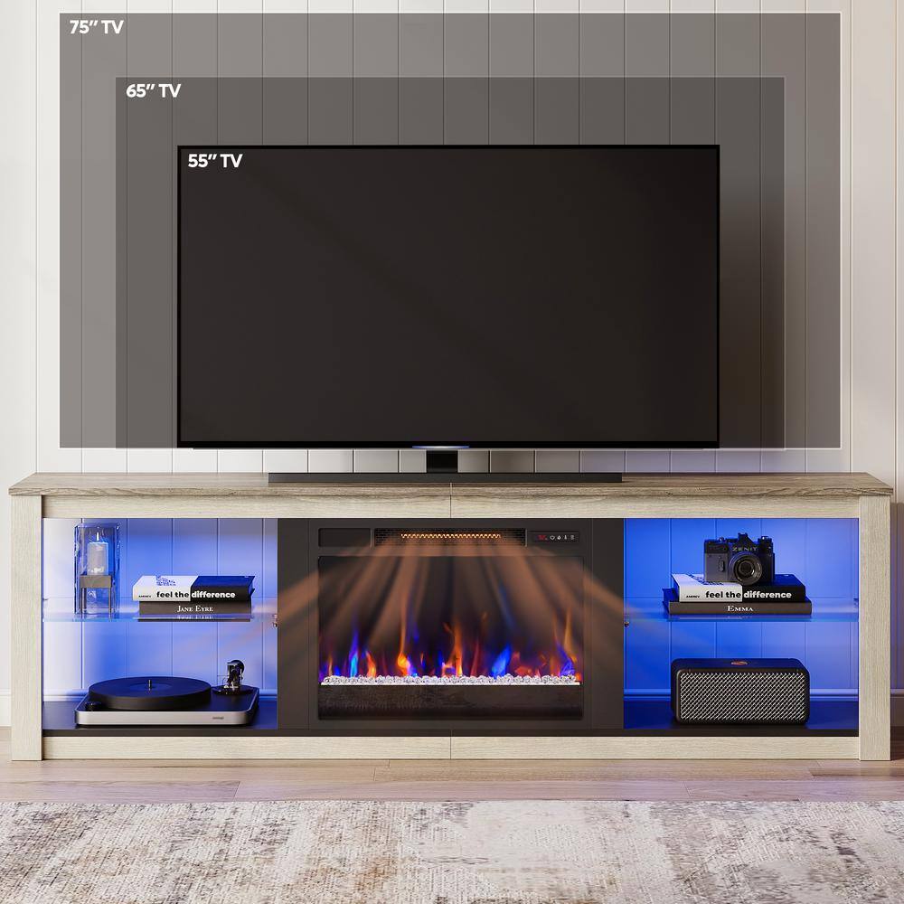 Light Grey Modern TV Stand with Electric Fireplace and LED Lights