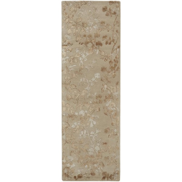 2 X 8 Gold, Ivory Floral Runner Rug