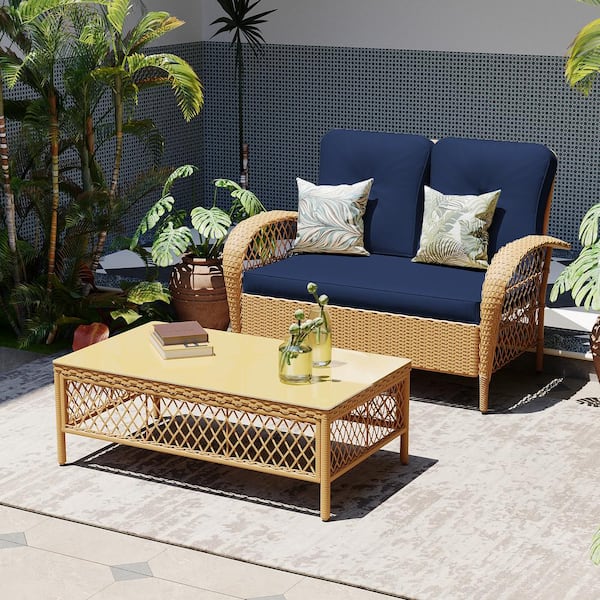 UPHA 2 Person Outdoor Beige Wicker Sofa Seating with Coffee Table for Patio, Balcony in Navy Blue
