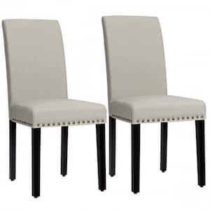 Beige Fabric Upholstered Dining Parsons Chairs with Nailhead (Set of 2)