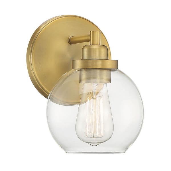 Savoy House Carson 5.5 in. W x 8.5 in. H 1-Light Warm Brass Bathroom Vanity Light with Clear Glass Shade
