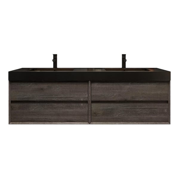 MIA 71 in. W. x 20 in. D x 24 in. H Double Sink Floating Bath Vanity in Gray Oak with Black Stainless-Steel Top