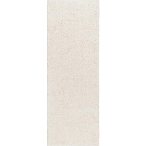 HAUTELOOM Judy 3 ft. X 10 ft. White Solid Shag Rubber Backing Soft Machine Washable Runner Rug