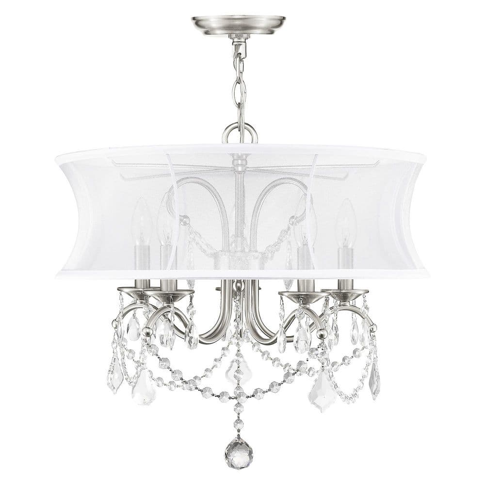 Newcastle Brushed Nickel 5-Light Chandelier with Crystal Drops and Silk Shade