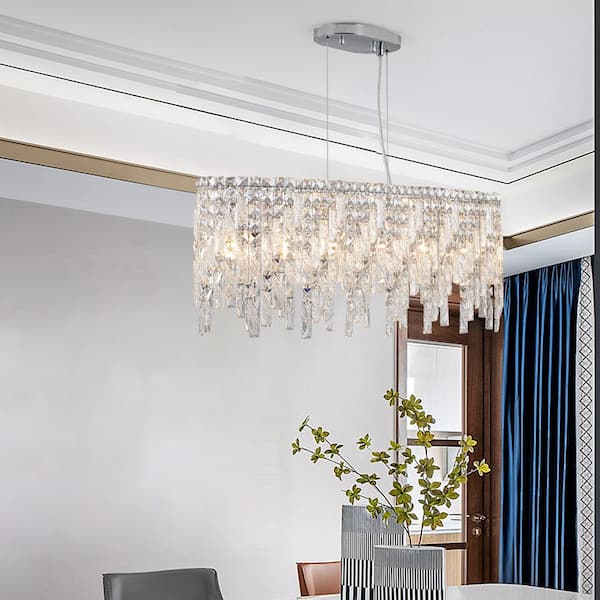 6-Lights Modern Silver Elegant Oval Hanging Crystal Chandelier Ceiling Light Fixture, No Bulbs Included, E12