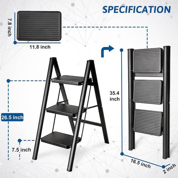 Sweetcrispy 3-Step Folding Step Ladder – 800 Lbs Capacity, Anti-Slip Pedals, Comfortable Handrail, Heavy Duty Steel, Portable For Kitchen Garage Outdoor, Black