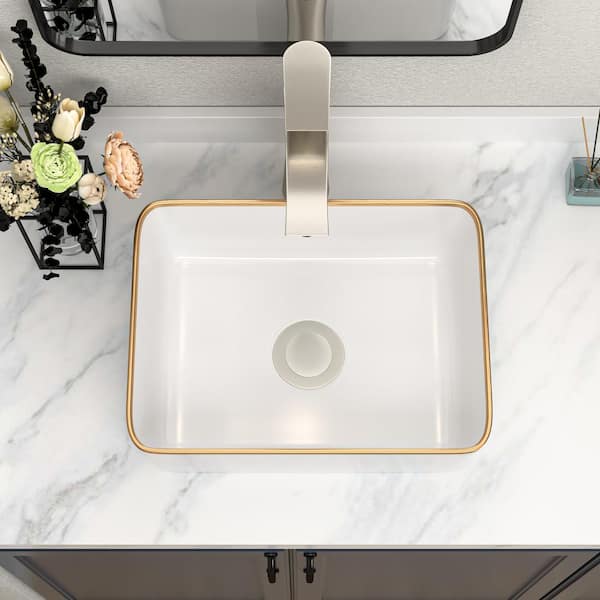 16 in. Rectangle White Ceramic Vessel Sink with Gold Rim Above Counter Bathroom Sink without Faucet