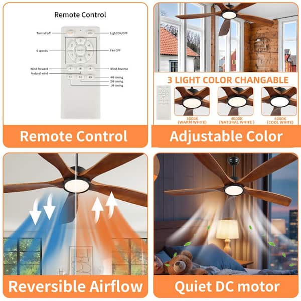 60 in. Indoor Brown Modern Ceiling Fan with LED Light with Remote Included, Downrod Mount