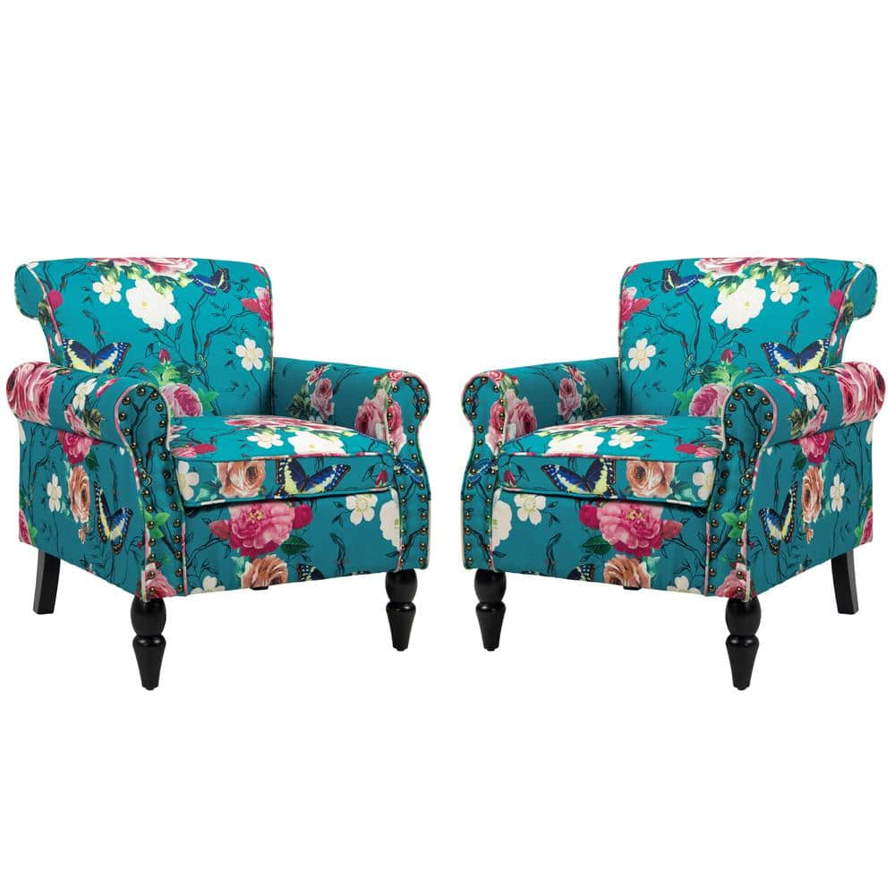 Uixe Blue Multicolor Floral Linen Nailhead Trim Upholstered Accent ...