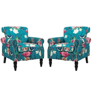 Blue Multicolor Floral Linen Nailhead Trim Upholstered Accent Armchair With Solid Wood Legs(Set of 2)