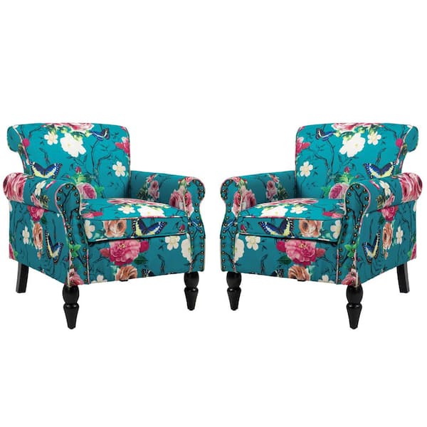 Uixe Blue Multicolor Floral Linen Nailhead Trim Upholstered Accent Armchair With Solid Wood Legs(Set of 2)