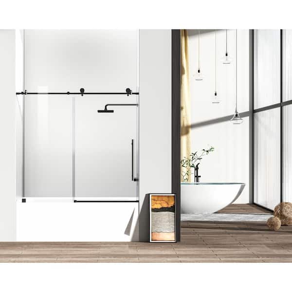 Unbranded Simply Living 60 in. W x 60 in. H Frameless Sliding Tub Door in Matte Black with Clear Glass