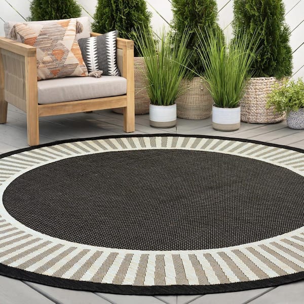 Eco Striped Border Black 6 ft. Round Indoor/Outdoor Area Rug