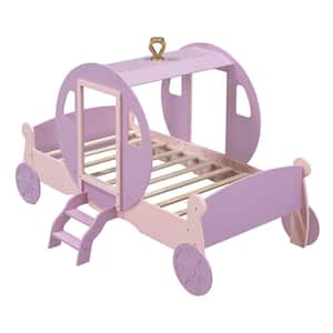 Pink Twin Princess Carriage Kid Bed with Crown, Wood Platform Car Bed with Stair
