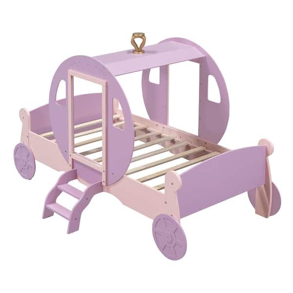 Polibi Pink Twin Princess Carriage Kid Bed with Crown, Wood Platform Car Bed with Stair