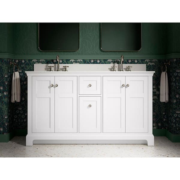 Baskin 60 in. Double Sink White Bath Vanity with Bianco Bella Quartz Top