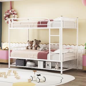 Detachable White Twin over Twin Metal Bunk Bed with Under-Bed Shelf and Full-Length Guardrails for Upper Bed