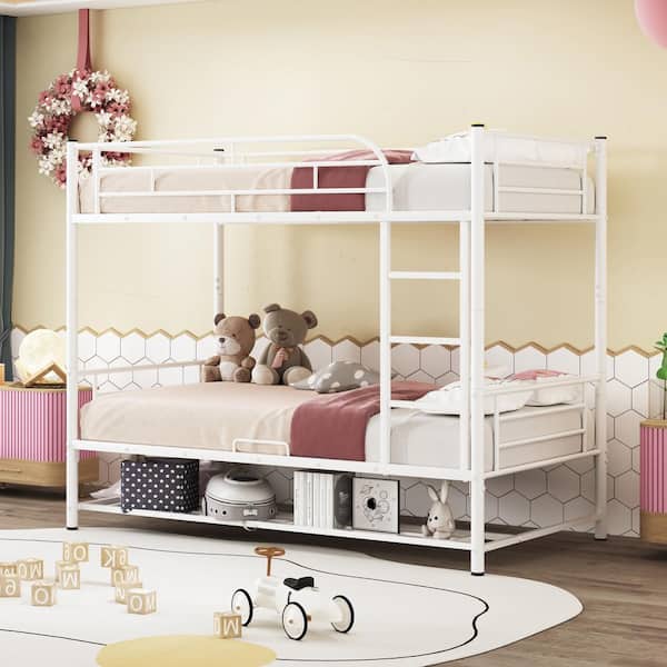 Harper & Bright Designs Detachable White Twin over Twin Metal Bunk Bed with Under-Bed Shelf and Full-Length Guardrails for Upper Bed