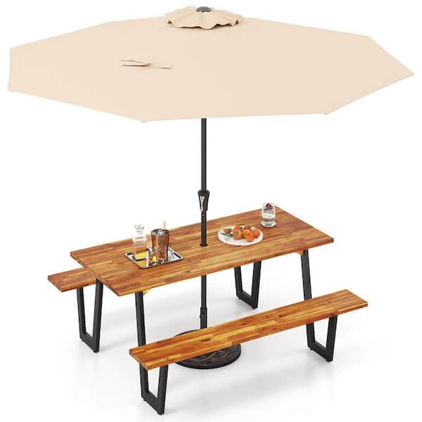 71 in. Brown Rectangle Acacia Wood Picnic Table Set Table Bench Outdoor Patio
