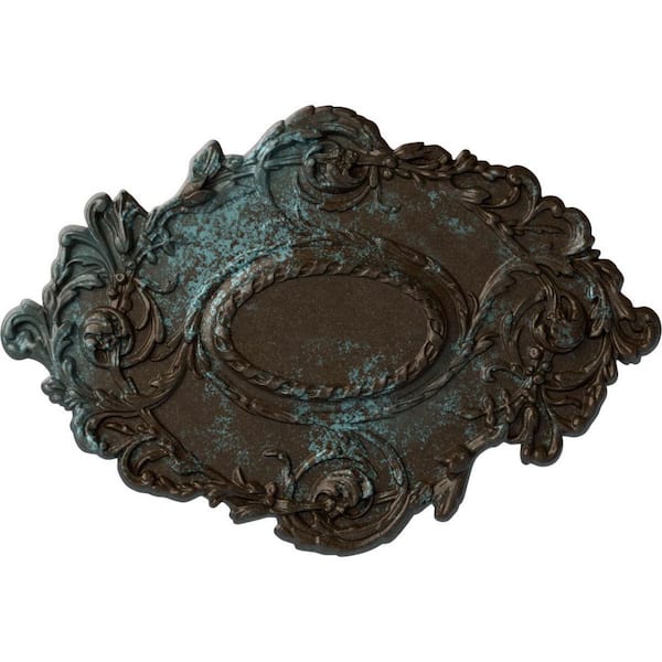 Ekena Millwork 30-3/8" W x 20-3/4" H x 1" Kinsley Flowing Leaf Urethane Ceiling Medallion, Hand-Painted Bronze Blue Patina