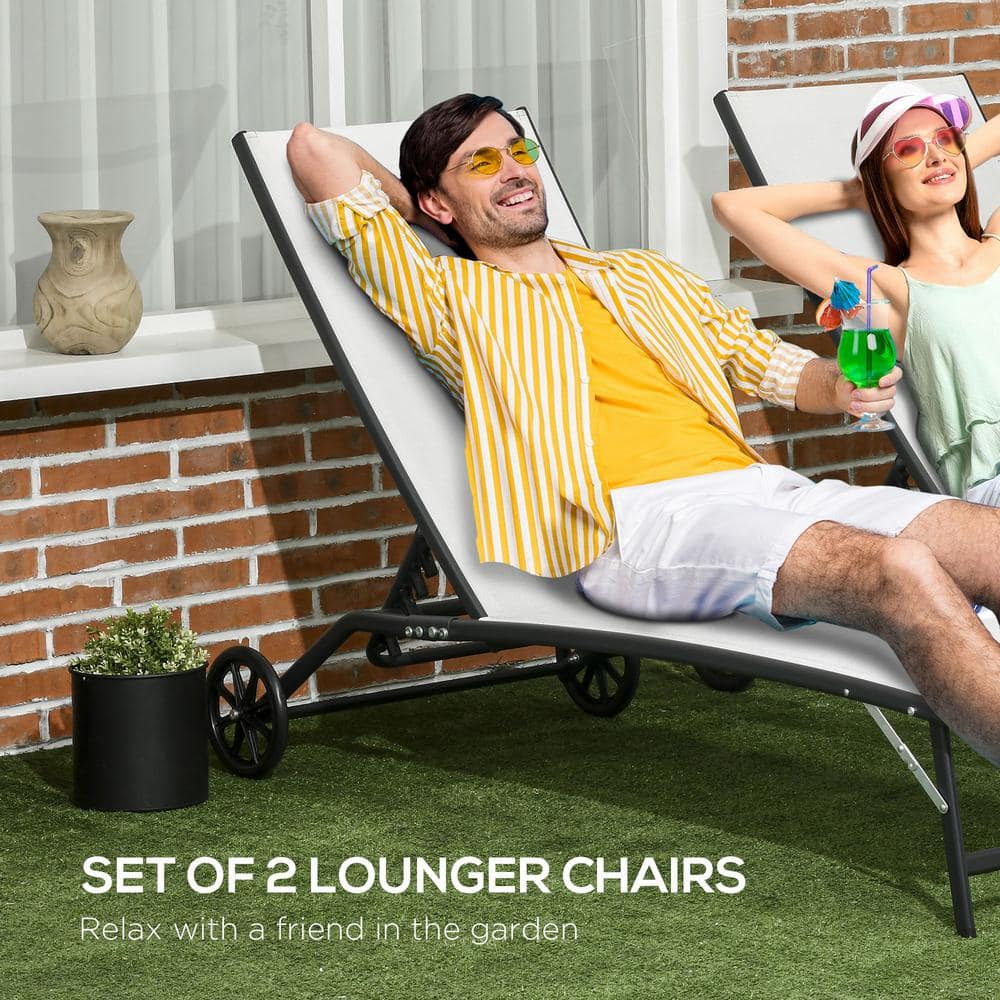 White Steel Armless Folding Chaise Lounger Set of 2