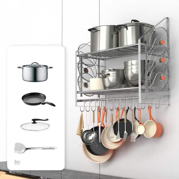 28 in. 2-Tier Wall Mounted Silver Pot Rack with Hooks, Lid Holders, Heavy Duty Cookware Organizer for Kitchen Storage