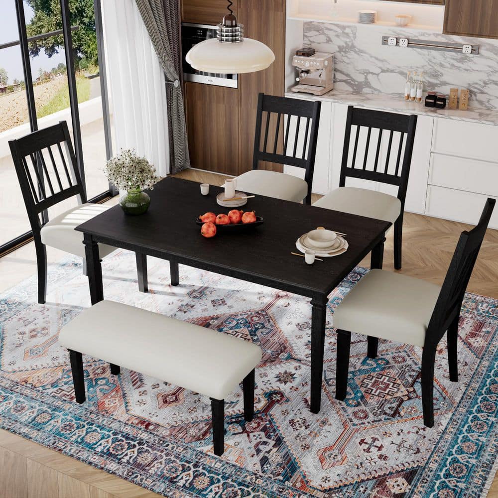 6-Piece Dark Gray Retro Wooden Dining Set with Rectangular Table, 4 Upholstered Chairs, 1 Bench