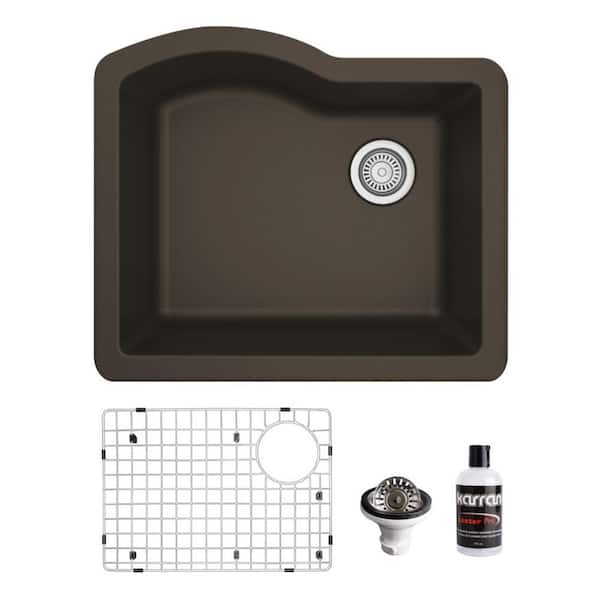 Karran QU-671 Quartz/Granite 24 in. Single Bowl Undermount Kitchen Sink in Brown with Bottom Grid and Strainer