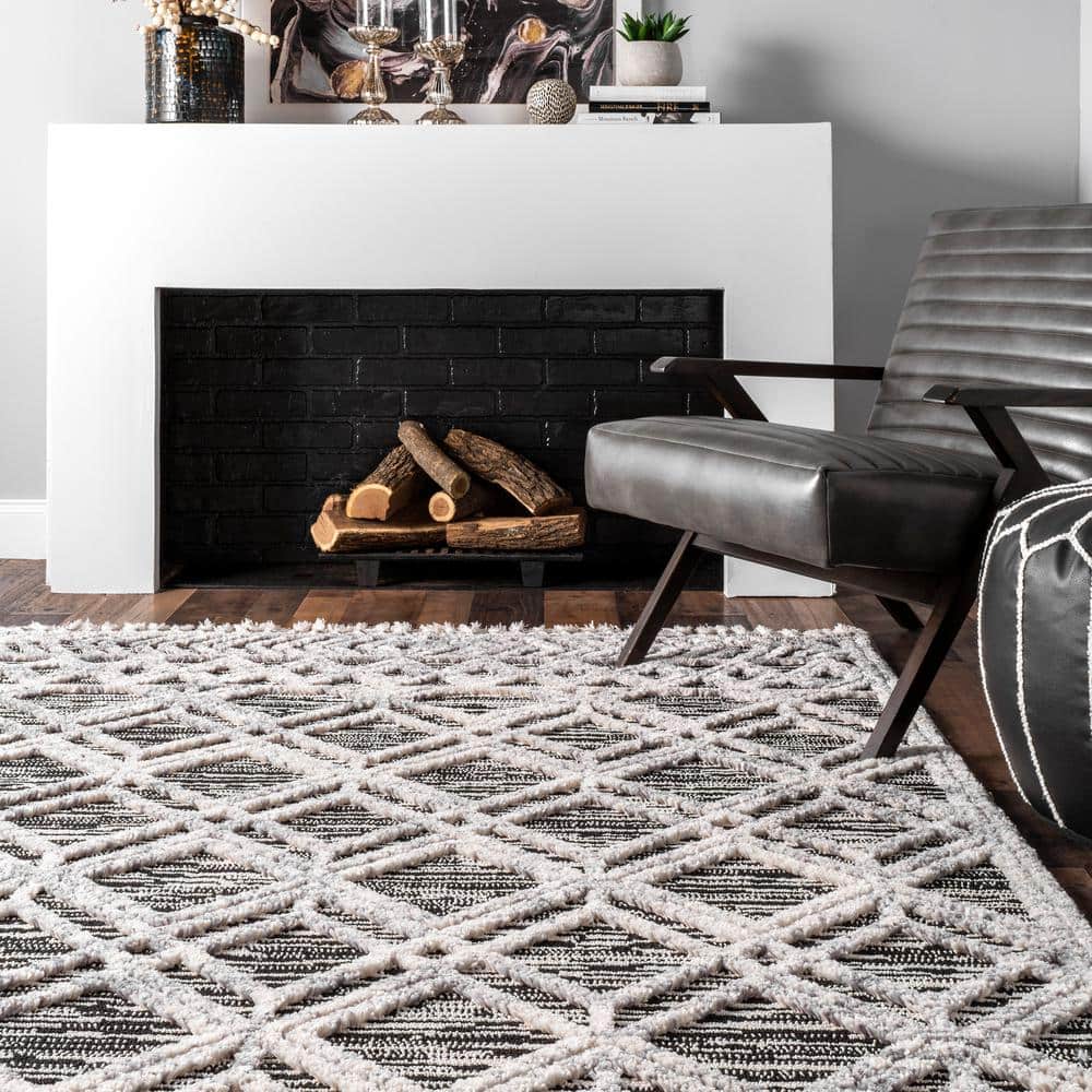Gray Moroccan Lattice Tassel Runner Rug with Braided Shag
