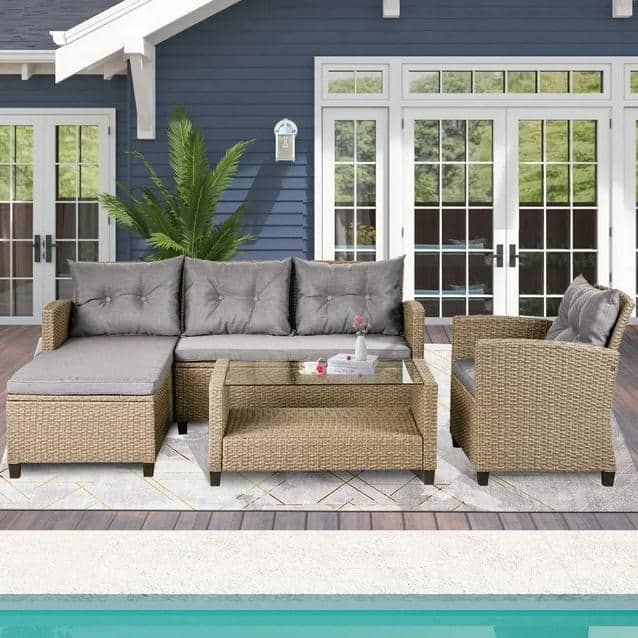 4-Piece Beige Brown Wicker Patio Set with Gray Cushions