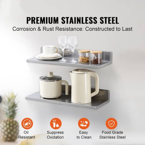 8.6 in. x 24 in. Stainless Steel Shelf, Wall Mounted Floating Shelving with Backsplash, 44 lbs. Load Capacity.Silver.