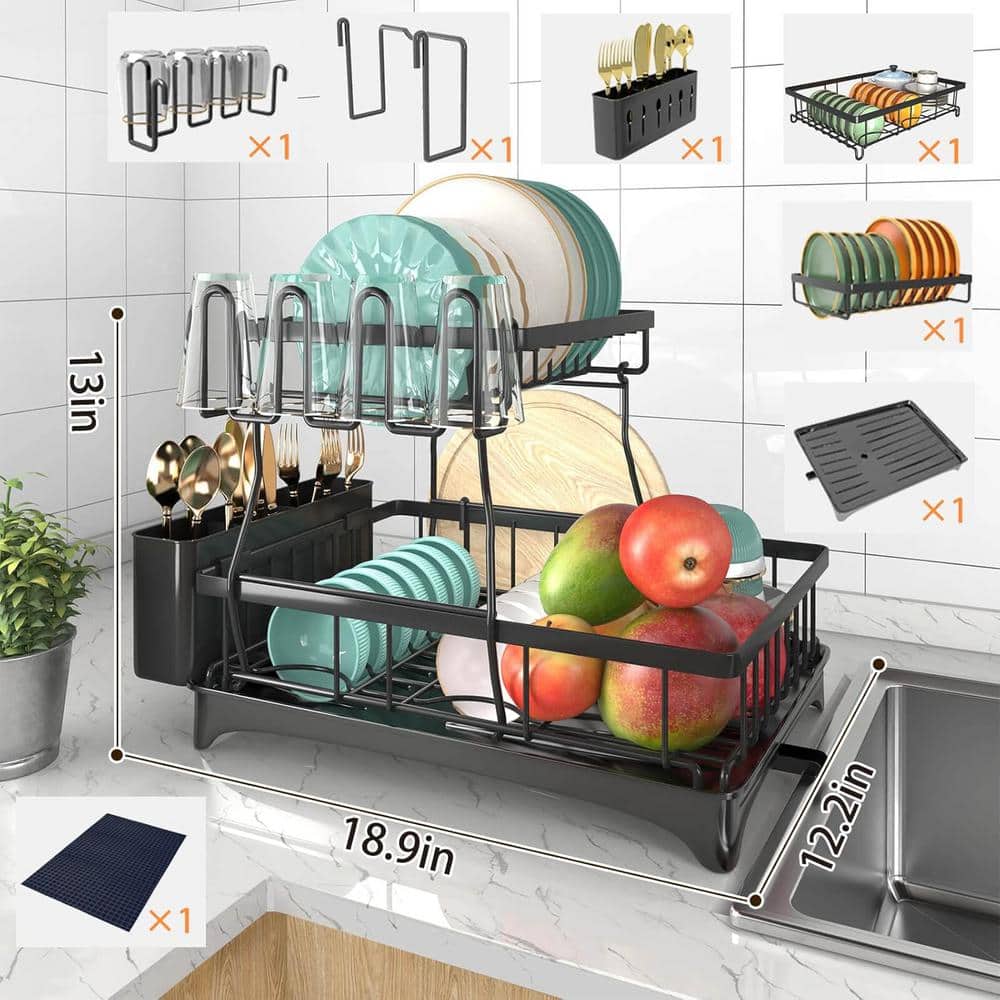 2-Tier Black Metal Standing Drying Dish Rack Kitchen Organizer with Drainbo