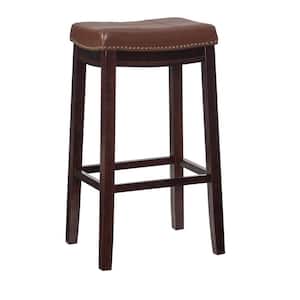 Concord 32.3 in. Dark Brown Backless Wood Bar Stool with Cognac Faux Leather Seat