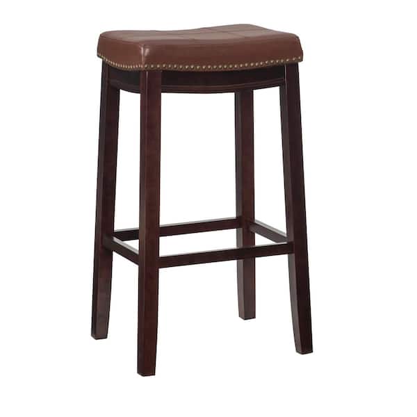 LINON Concord 32.3 in. Dark Brown and Cognac Backless Wood Bar Stool with Faux Leather Seat