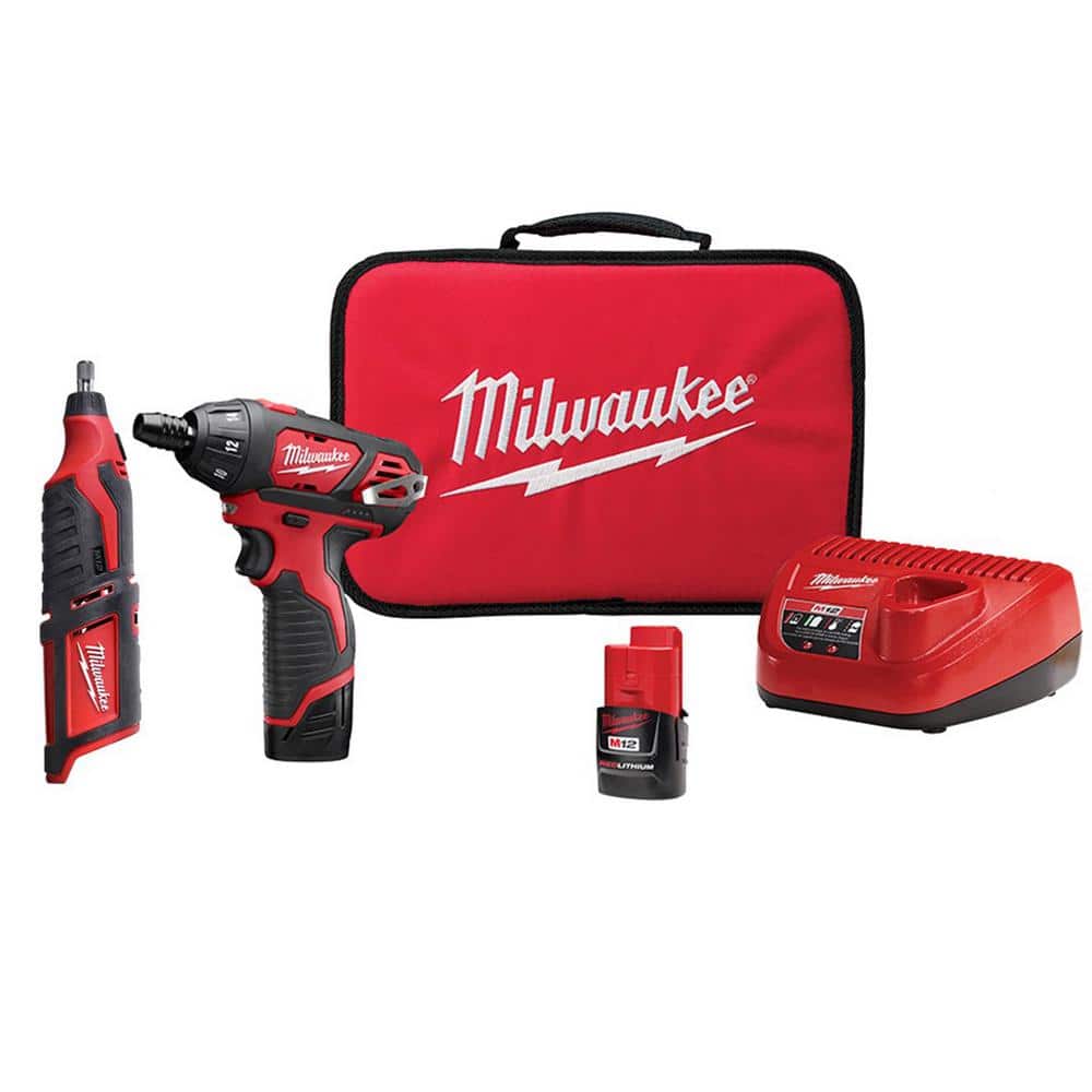 Milwaukee M12 12V Lithium-Ion Cordless 1/4 in. Hex Screwdriver Kit with M12 Lithium-Ion Cordless Rotary Tool (Tool Only) -  2401-22-2460-20