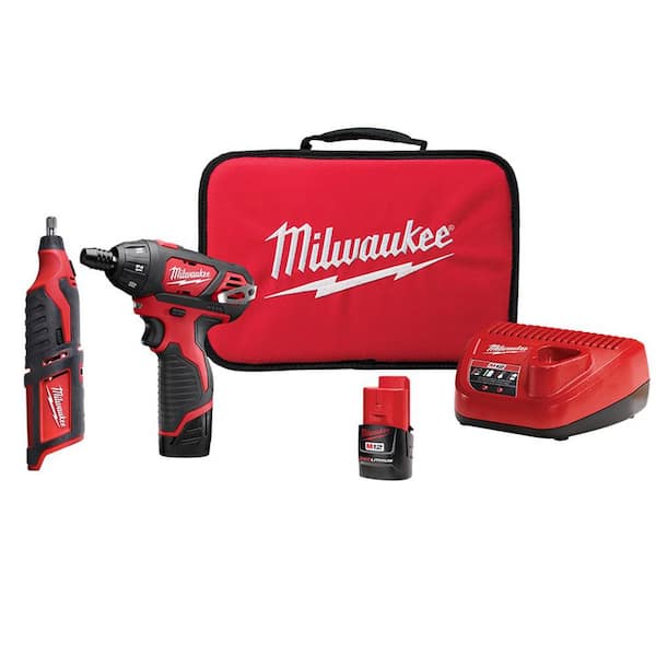 Milwaukee M12 12V Lithium-Ion Cordless 1/4 in. Hex Screwdriver Kit with M12 Lithium-Ion Cordless Rotary Tool (Tool Only)