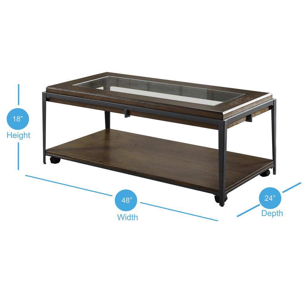 Espresso Rectangular Wood and Glass Cocktail Table with Iron Frame
