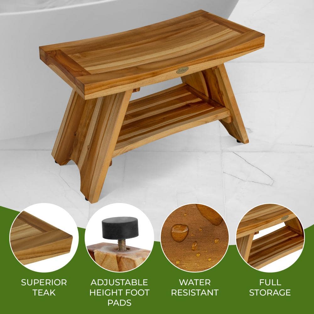 30" Earthy Teak Wood Shower Bench with Shelf
