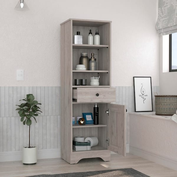 17.3 in. W x 13.8 in. D x 55.7 in. H Gray Linen Cabinet with 2 Interior Shelves and Open Shelves
