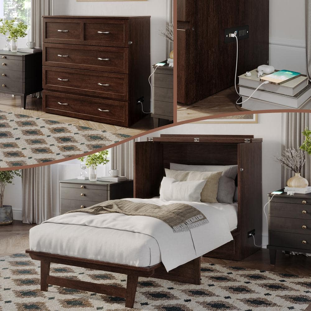 White Twin Murphy Bed Chest with Storage Drawer