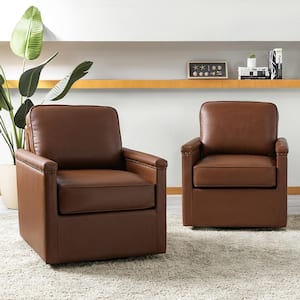 Angel Brown 29 in. Wide Genuine Leather Swivel Arm Chair with Nailhead Trims and Metal Base (Set of 2)