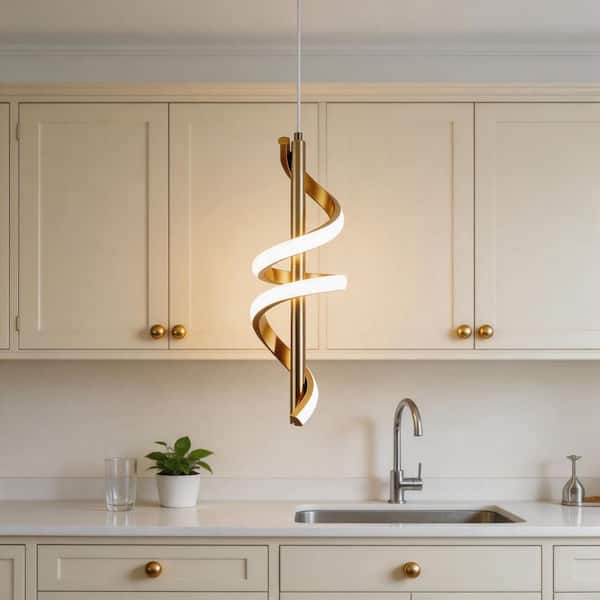 1-Light Gold Spiral LED Island Pendant Light 6000K, Adjustable Height Modern Hanging Light for Dining Room Bedroom