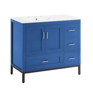 36 in. W x 18.3 in. D x 32.9 in. H Single Sink Freestanding Bath Vanity in Blue with White Ceramic Top