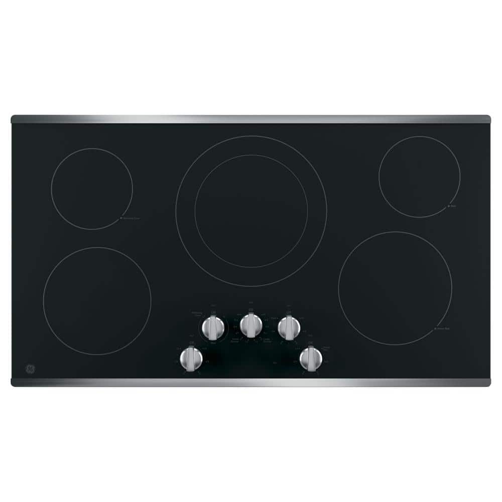 GE 36 in. Radiant Electric Cooktop Built-in Knob Control in Stainless Steel with 5 Elements, Silver