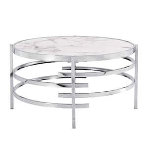 32.48 in. Silver Round Sintered Stone Coffee Table with Sturdy Metal Frame