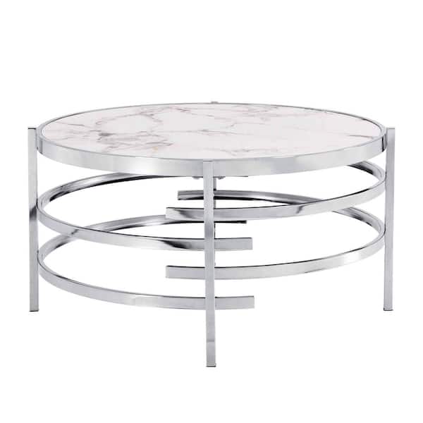 Unbranded 32.48 in. Silver Round Sintered Stone Coffee Table with Sturdy Metal Frame