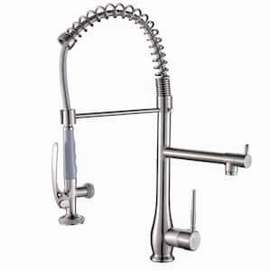 Double Handle Deck Mount Commercial Pull Down Kitchen Faucet with Sprayer Modern Brass Taps in Brushed Nickel