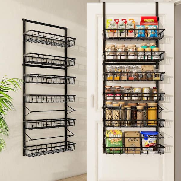 Over The Door 6-Tier Adjustable Black Metal Hanging Baskets Spice Rack Pantry Organizer Wall Mount Storage Shelves