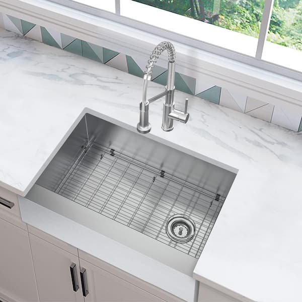 Professional Zero Radius 27 in. Apron-Front Single Bowl 16 Gauge Stainless Steel Workstation Kitchen Sink with Faucet