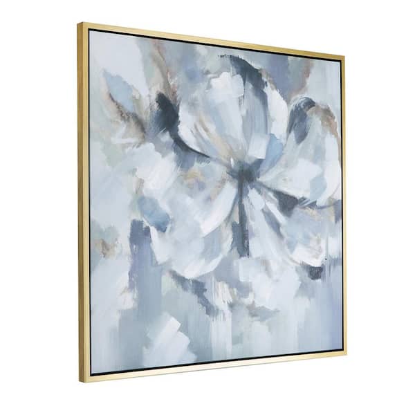 Benjara Gray and Blue Wooden Framed Flower Motif Wall Art Oil Painting